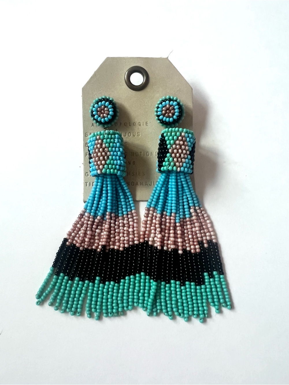 Anthropologie Turquoise, Pink & Black Beaded Fringe Earrings folk new boho